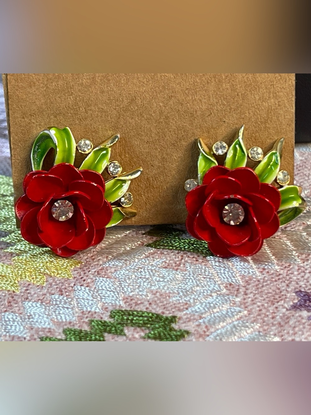 Vintage Trifari Red Enamel Flower Clip On Earrings with Rhinestones
